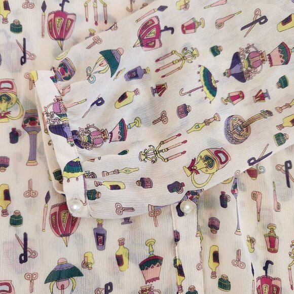 Subi Sheer Cream Printed Blouse Bow Feminine Coquette Pretty Romantic Girly Cute - Picture 7 of 11